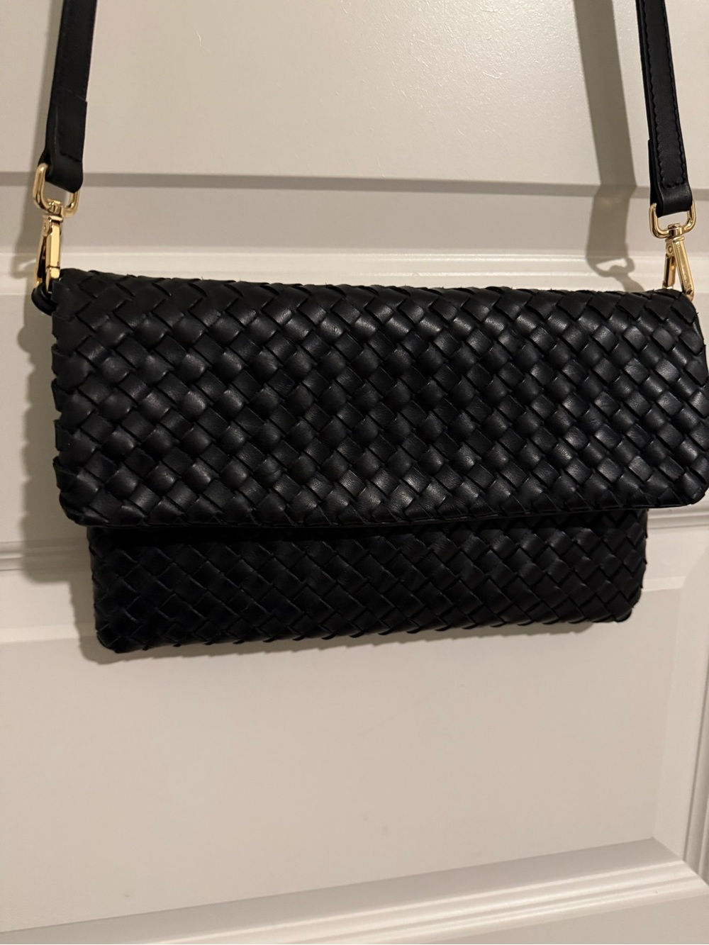 Quince Italian Leather Convertible Clutch Crossbody Bag Black Woven Leather